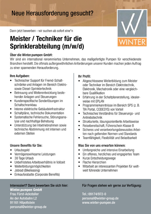 Stellenanzeige-Sprinklerabteilung-Meister-Techniker